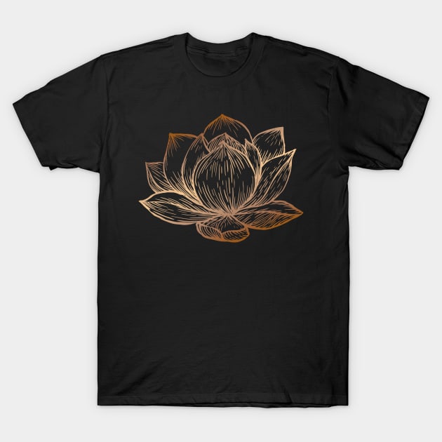 Golden Lotus Flower on Black T-Shirt by Cecilia Mok